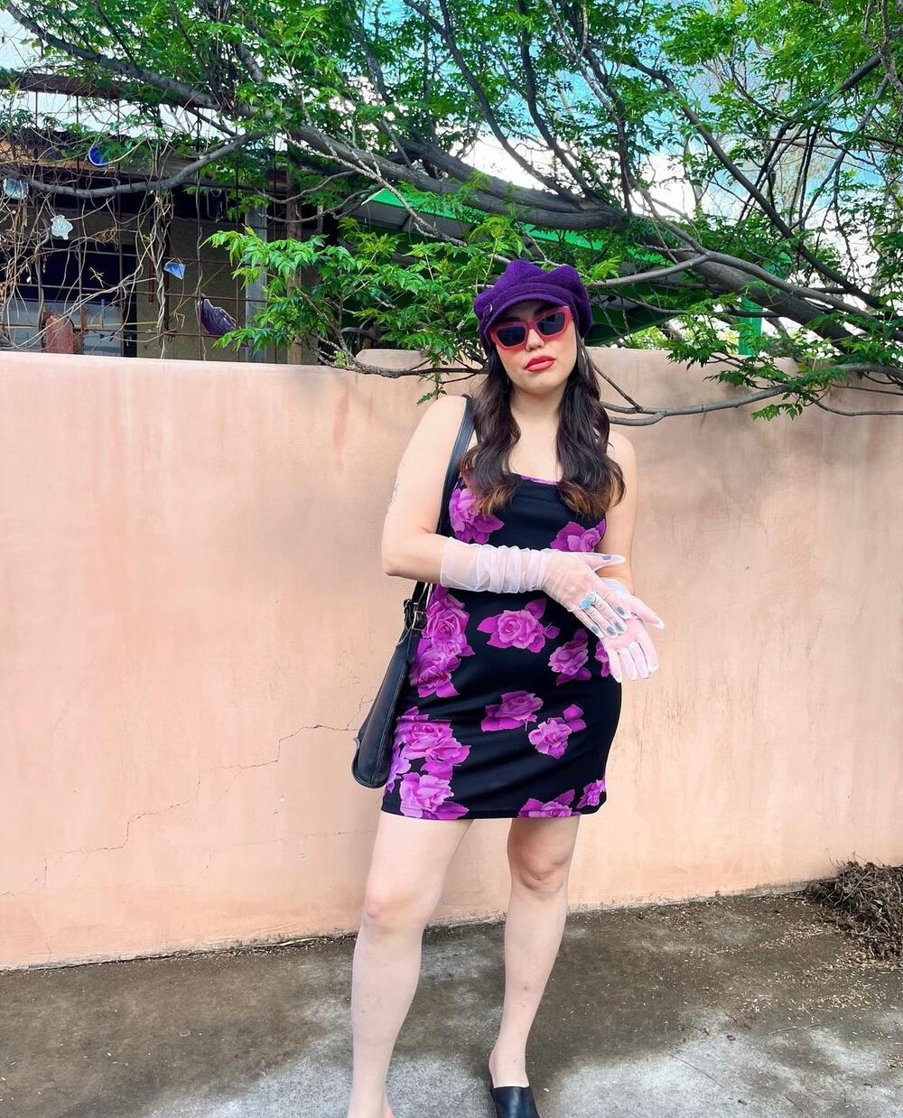 Vintage 90s Rose Print Mini Party Dress Womens L Black Purple Bodycon Stretch - Picture 1 of 6
